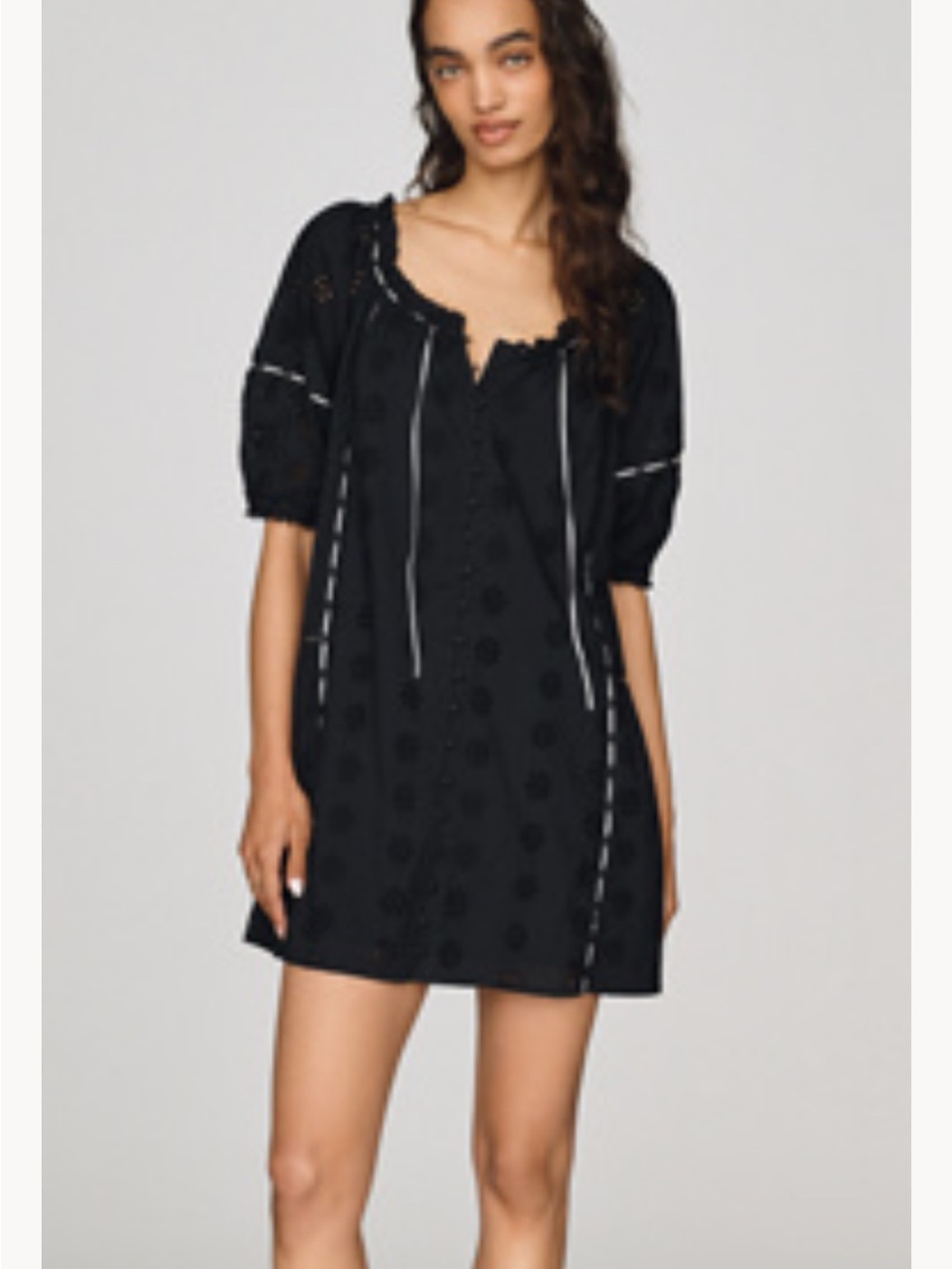 Anthropologie Black Embroidered Peasant Mini Dress